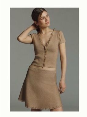 Anthropologie Tan Mini Skirt, lace hem, New L
